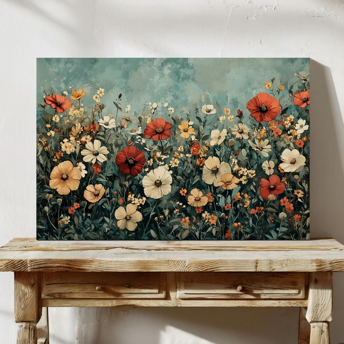 Wildflower Field Red Poppies And White Cosmos On Teal Vintage Wall Art