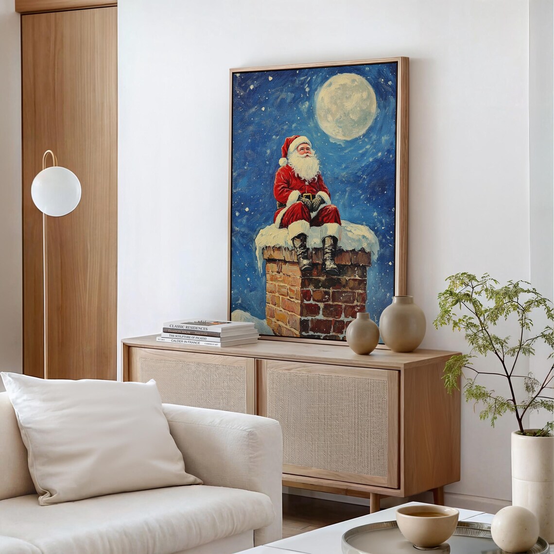 Santa Claus Sitting on a Snowy Chimney Under a Full Moon Christmas Poster - Image 6