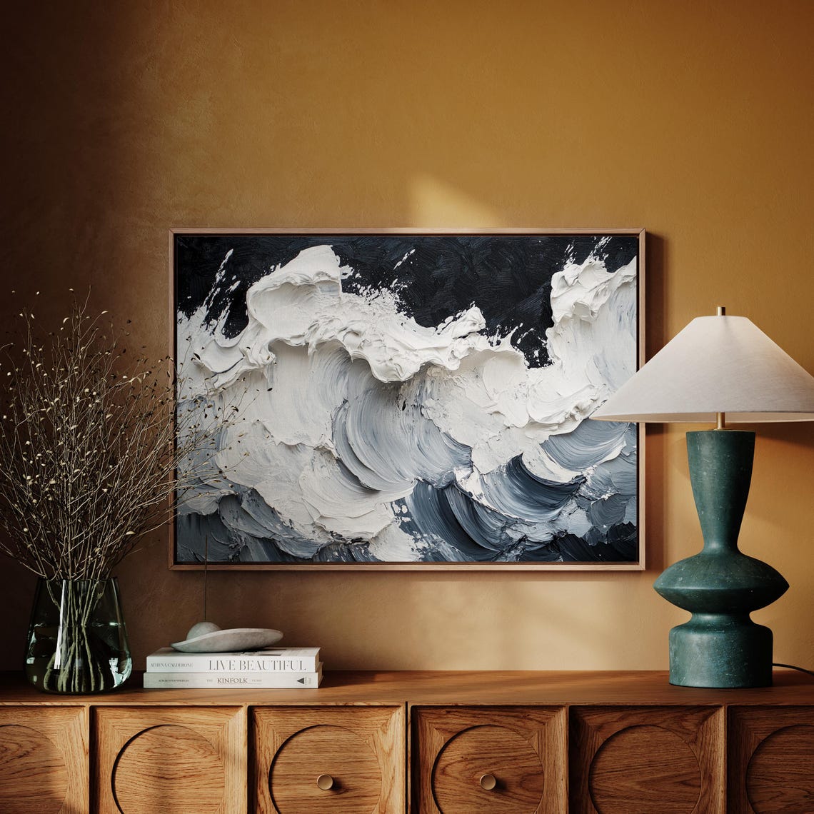 Textured Black White Ocean Wave Impasto Abstract Modern Wall Art - Image 2