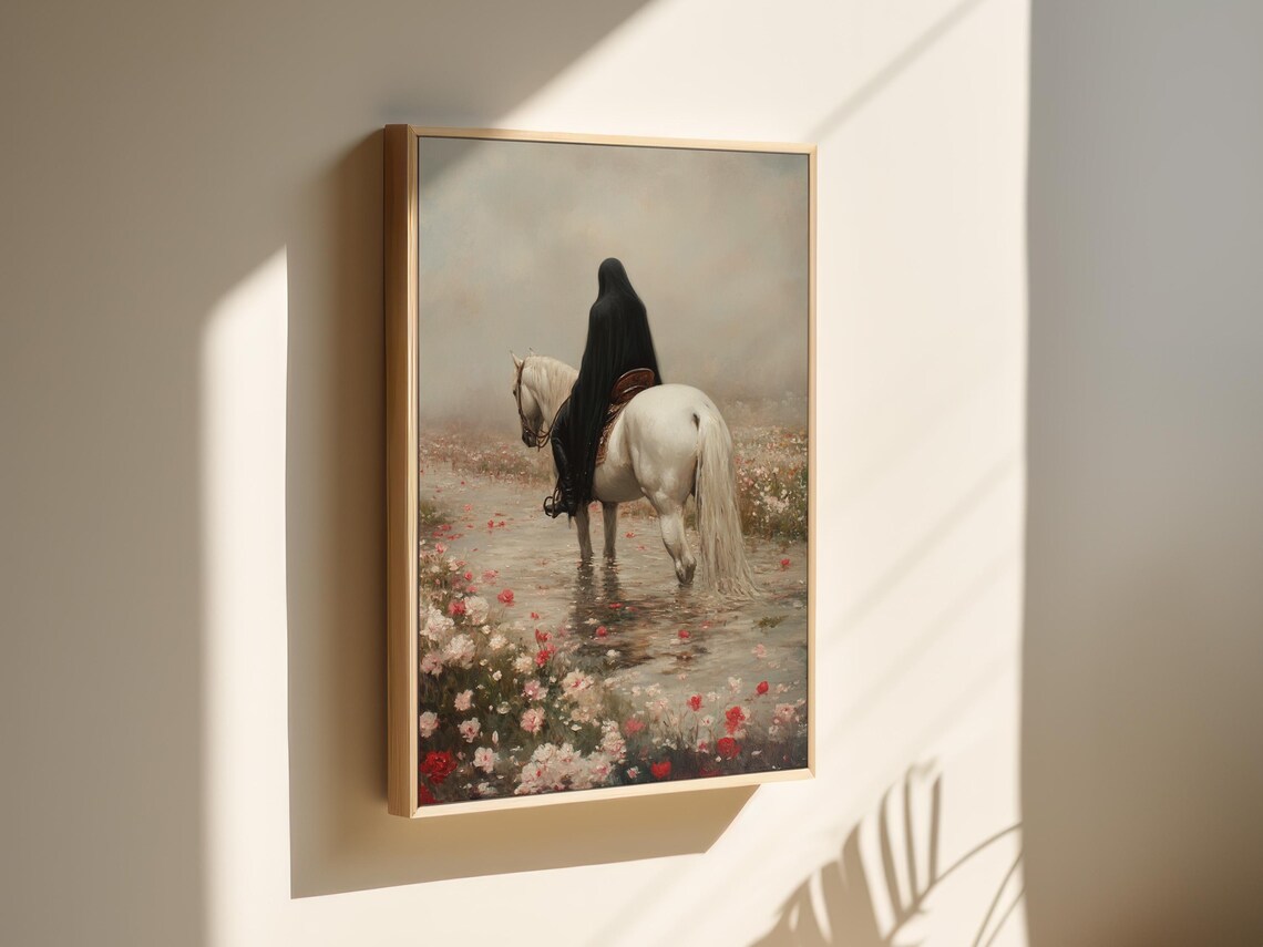 Mystical Cloaked Rider on White Horse Amid Rose Petals Wall Art Poster - Image 4