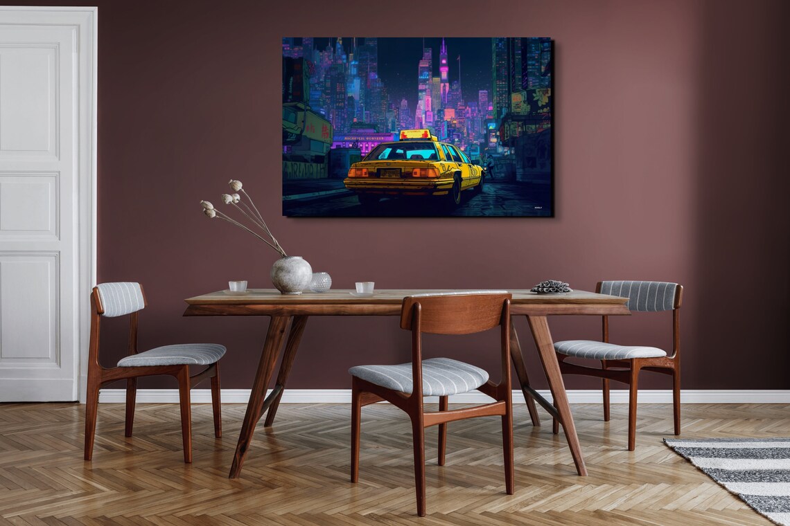 Yellow Taxi Neon City Night Street Cyberpunk Urban Art Poster - Image 5
