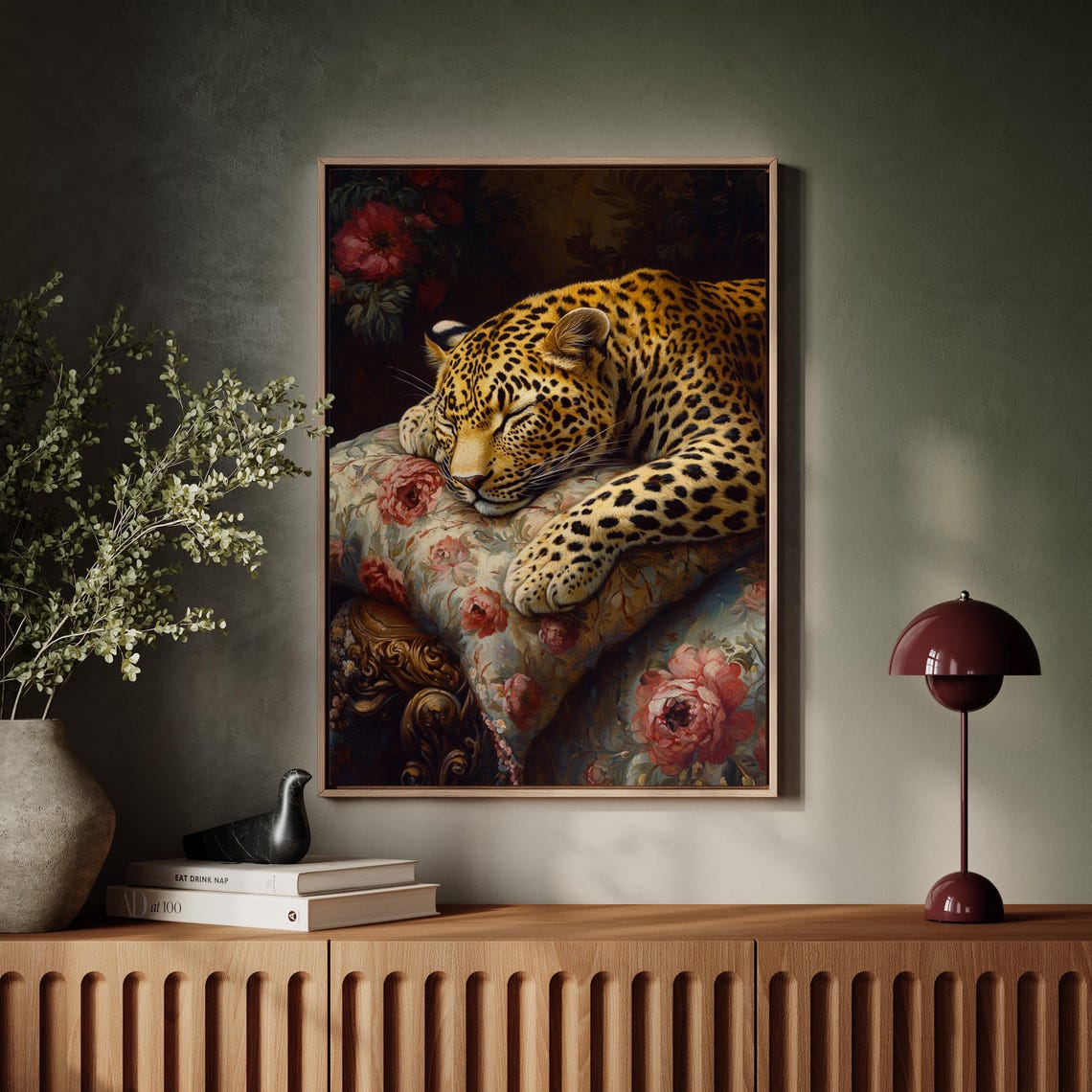 Sleeping Leopard Resting Floral Cushion Roses Elegant Wildlife Poster