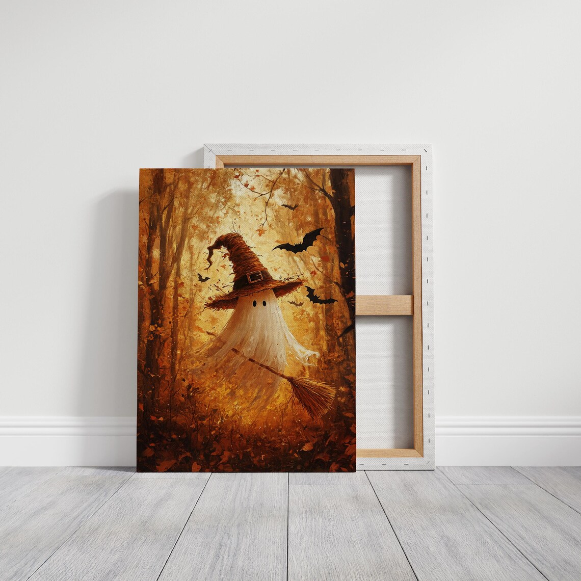 Cute Ghost In Witch Hat With Broom Flying Through Golden Autumn Forest Poster - Image 2