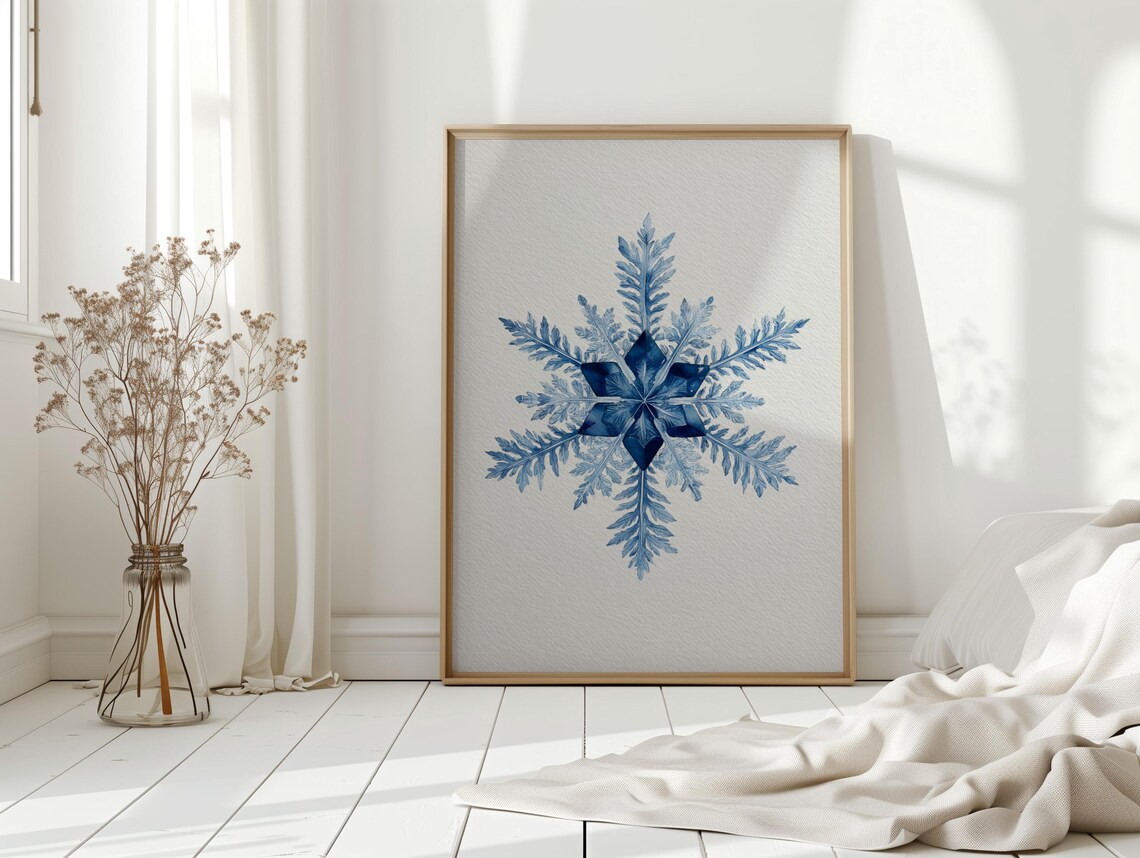 Blue Watercolor Snowflake Winter Minimalist Delicate Art Poster
