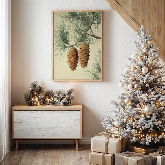 Vintage Pine Cones and Evergreen Branch Botanical Study Poster