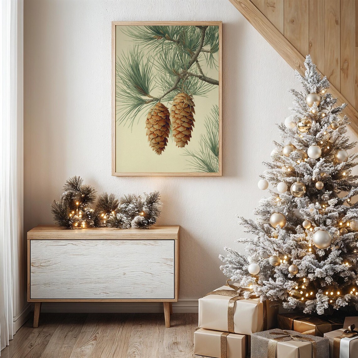 Vintage Pine Cones With Evergreen Branch Botanical Art