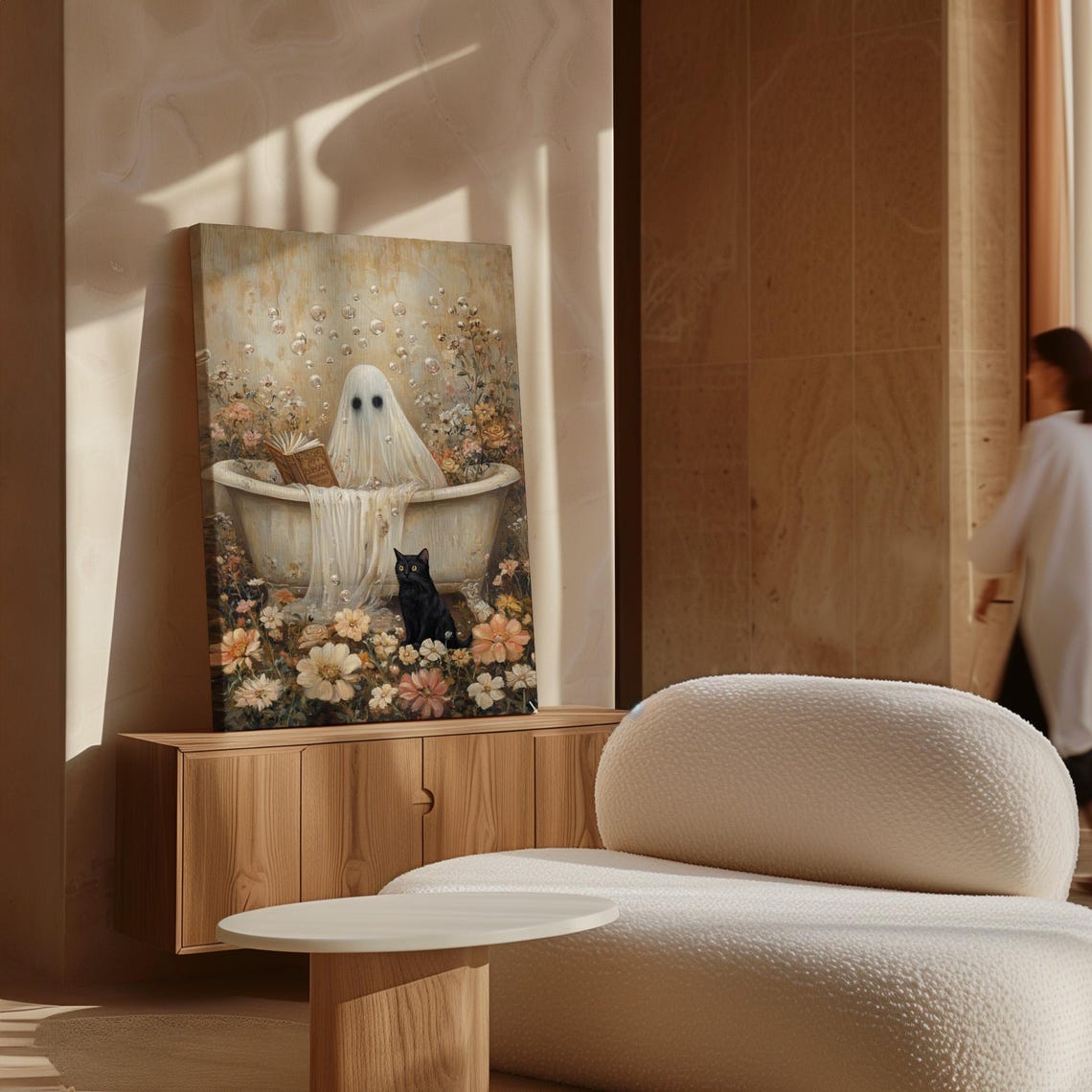 Whimsical Ghost Reading In Vintage Bathtub Floral Cat Halloween Poster - Image 3
