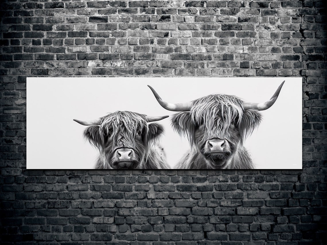Highland Cow Pair Black and White Panoramic Farmhouse Wall Art - Image 2