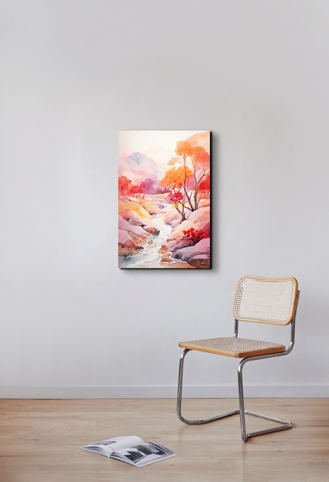 Autumn Stream Through Pink And Orange Trees Watercolor Poster - Image 3