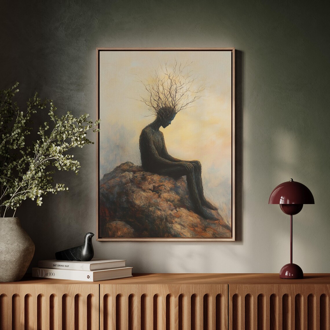 Tree Man On Cliff At Sunset, Surreal Oil Painting - Image 4