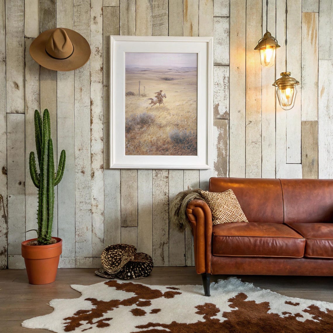 Cowboy Riding Across Golden Prairie Vintage Western Art Poster