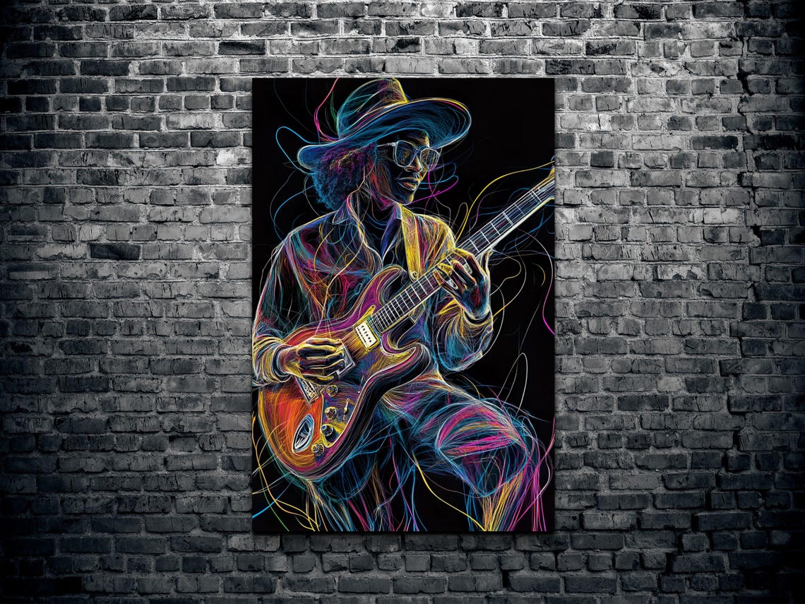 Neon Line Art Electric Guitarist in Sunglasses Music Wall Poster - Image 2