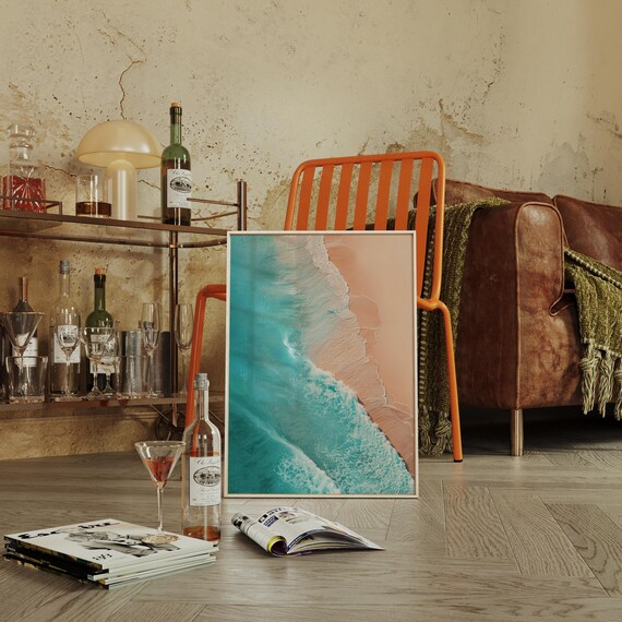 Turquoise Shoreline Waves Aerial Pink Sand Beach Coastal Art Poster