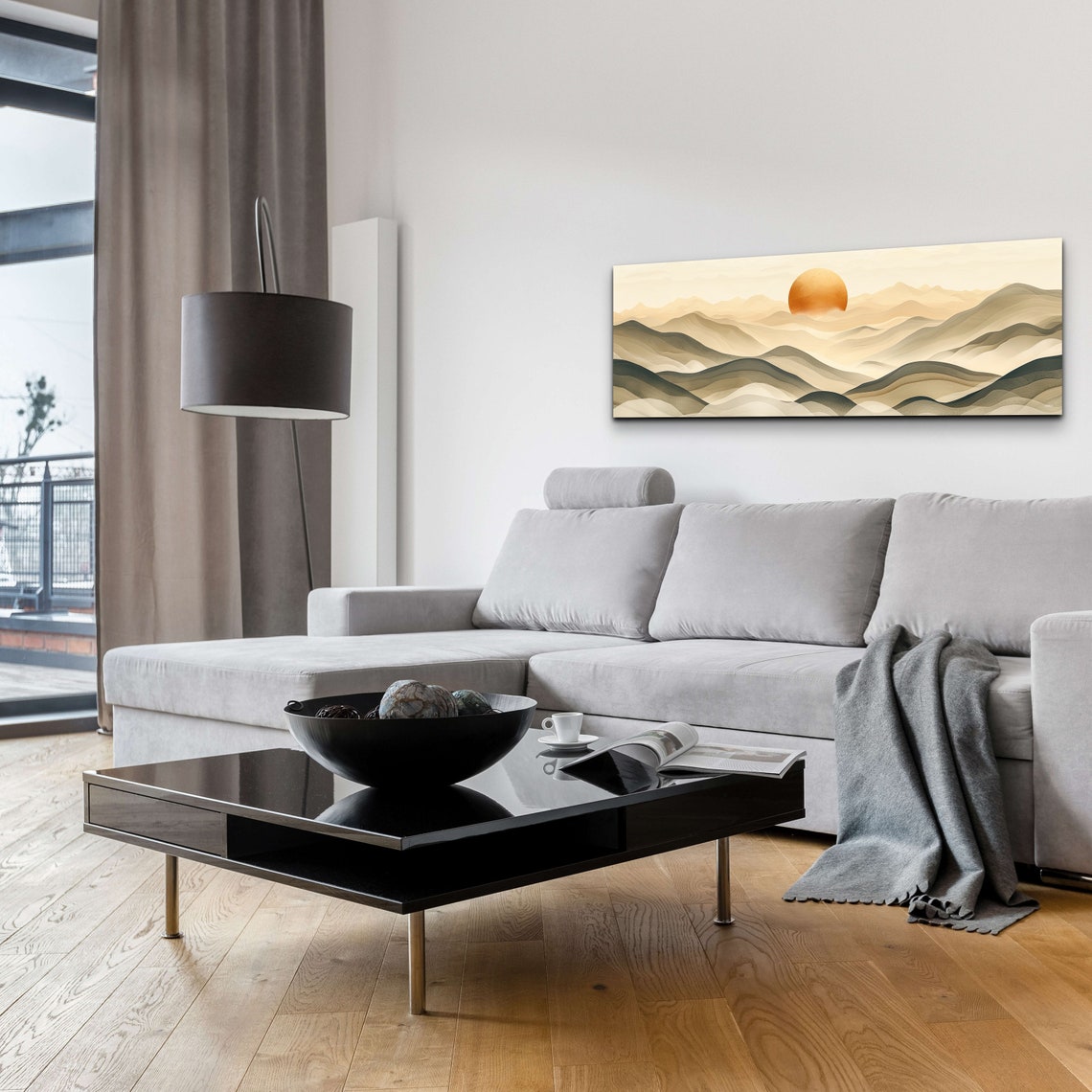 Boho Sunrise Layered Mountain Waves Neutral Minimal Panoramic Wall Art - Image 6