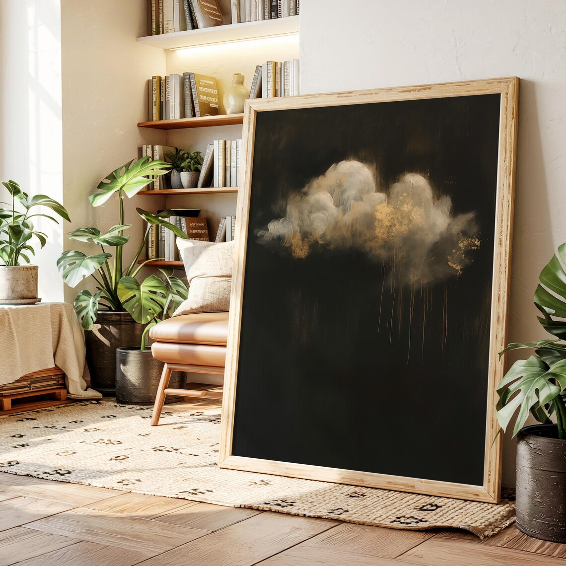Golden Cloud On Black Moody Abstract Sky Painting Art Poster