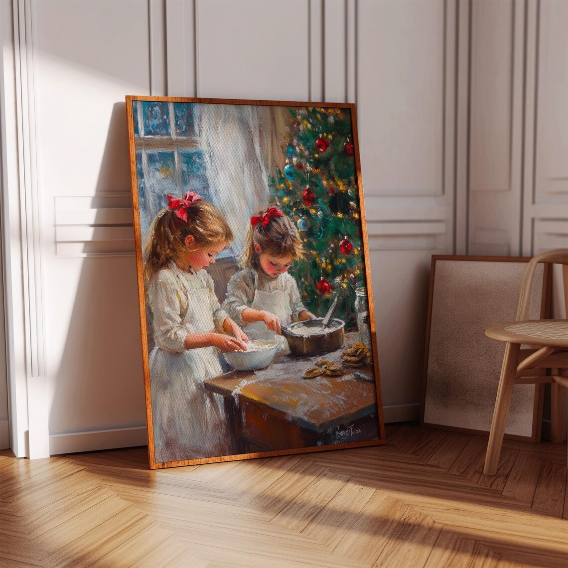 Two Girls Baking Christmas Cookies By Tree Vintage Holiday Art Poster
