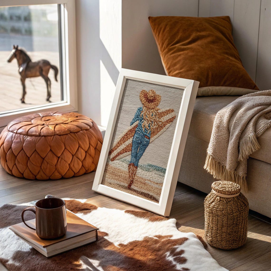 Cowgirl With Surfboard Embroidered Art