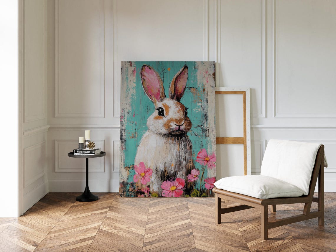 Whimsical Bunny Portrait With Pink Flowers on Teal Background Poster - Image 4