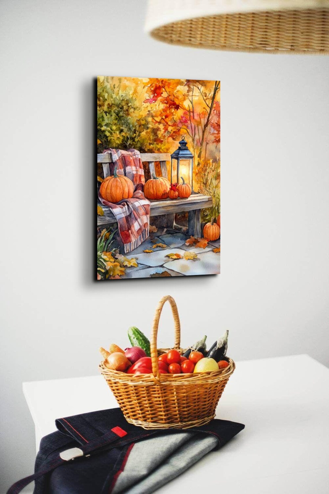 Autumn Porch Pumpkins Bench Lantern Plaid Blanket Art Poster - Image 3