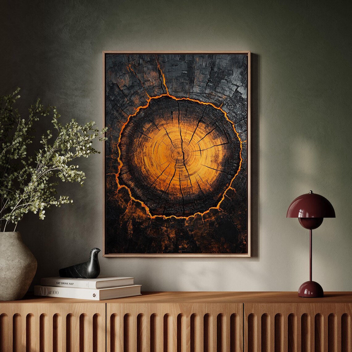 Fiery Tree Ring Art Print, Nature-Inspired Decor