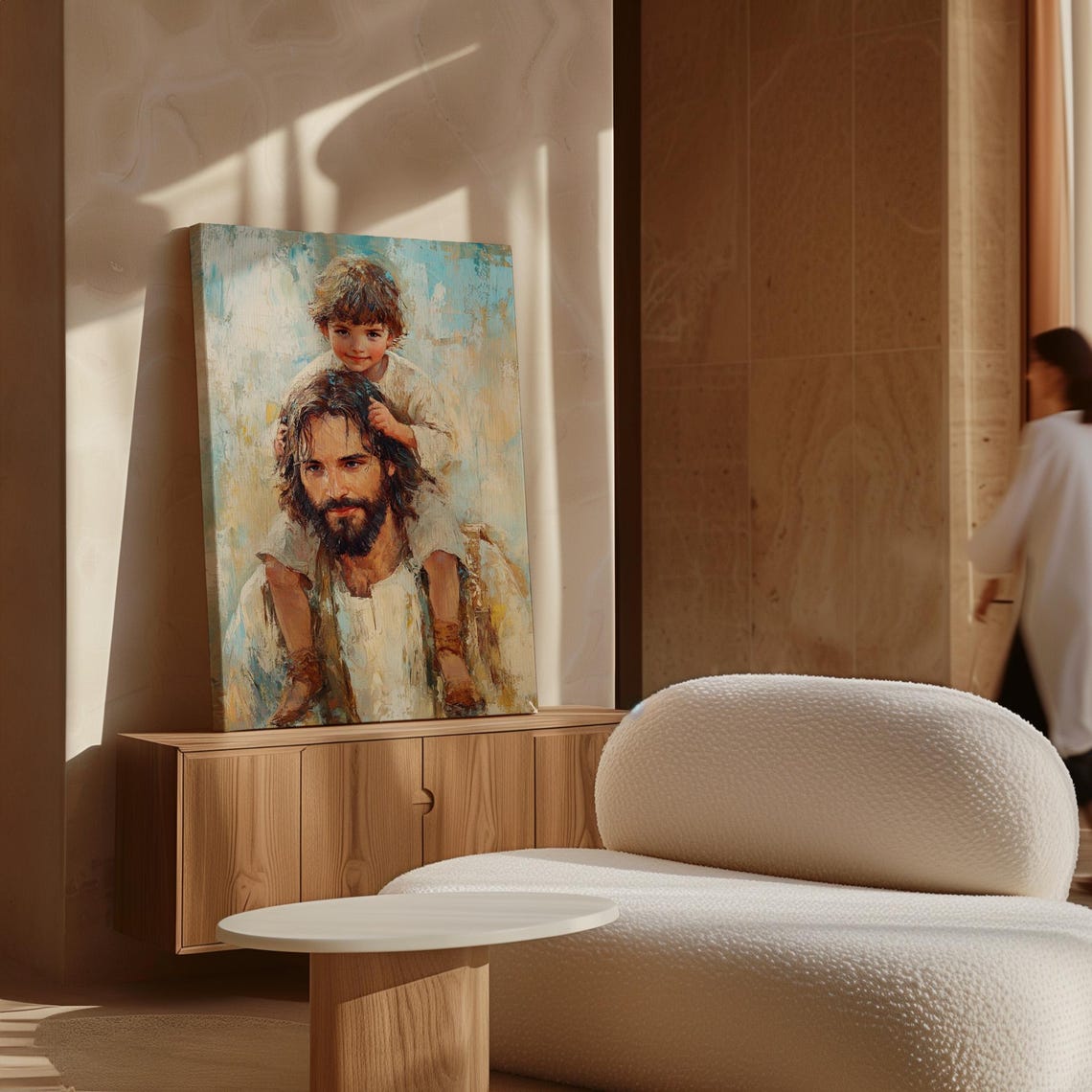 Joyful Child Riding on the Shoulders of Jesus in Soft Light Poster - Image 7