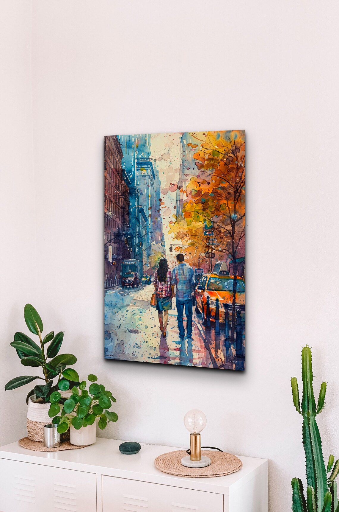 Autumn City Stroll Couple With Yellow Taxis Watercolor Wall Art - Image 7
