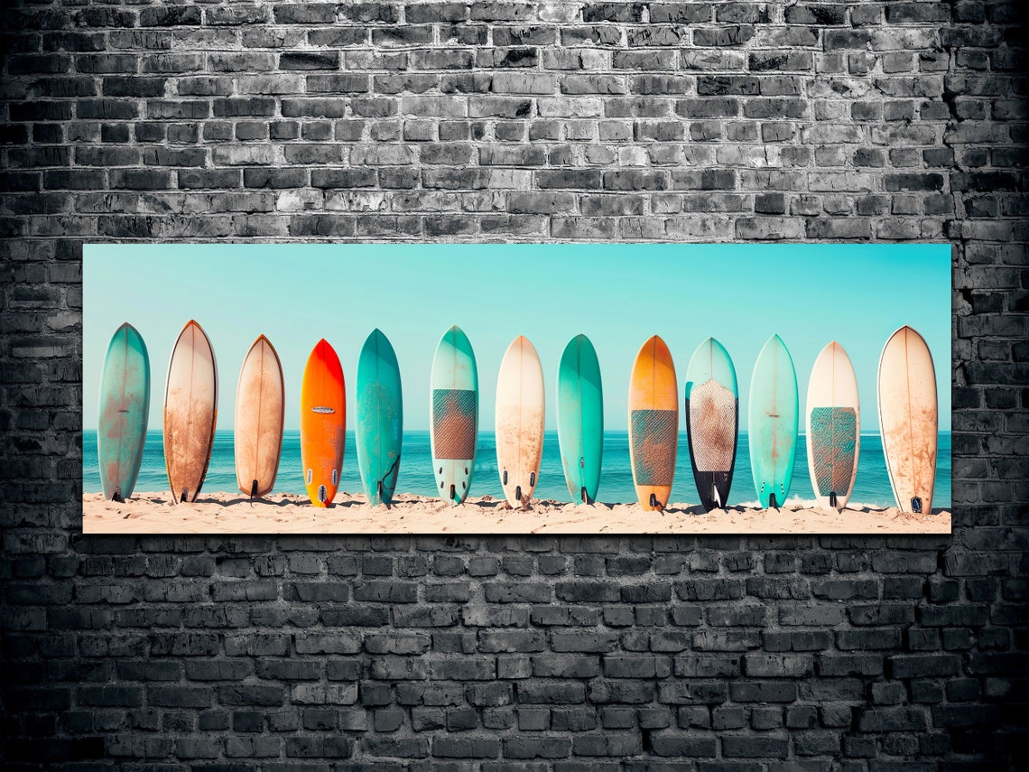 Pastel Color Palette Surfboard Lineup Ready To Hang Panoramic Wall Art Prints Retro Style Surf Art Panoramic Wall Art - Image 2