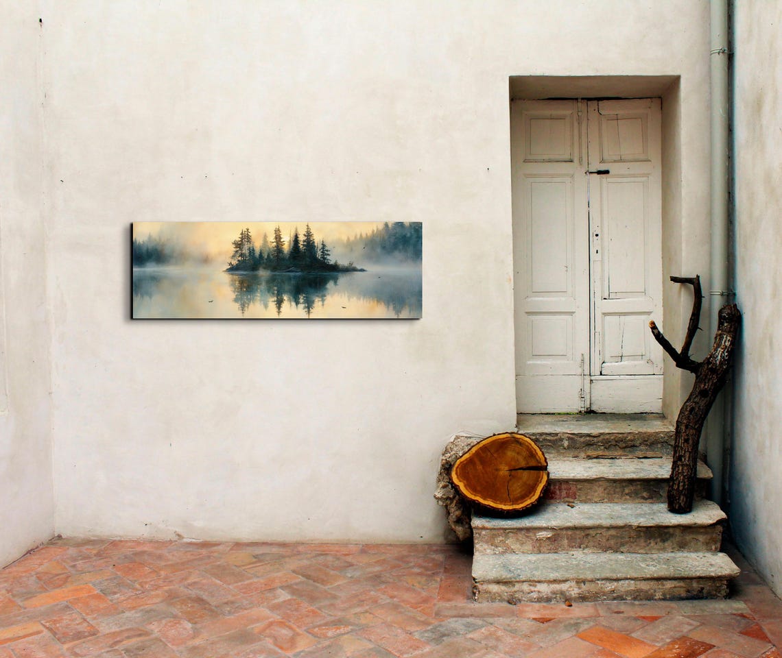 Golden Mist Lake Island Reflection Calm Panoramic Nature Art Poster - Image 5