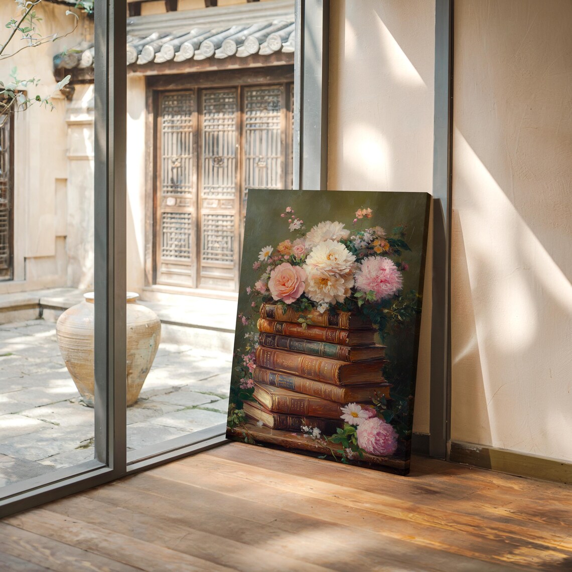 Vintage Oil Painting of Antique Books and Roses - Image 6