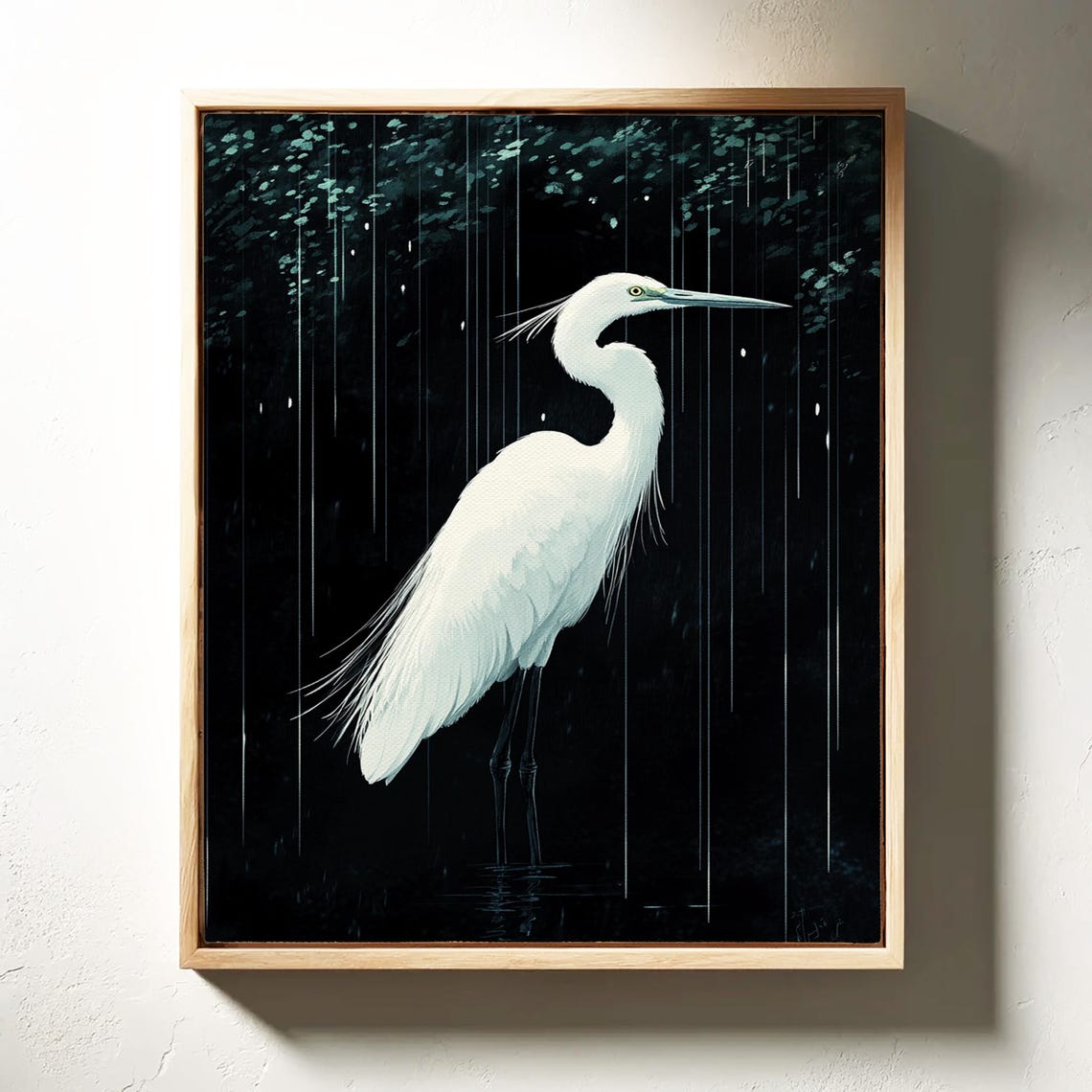 White Egret in the Rain Dramatic Dark Wildlife Bird Portrait Poster - Image 3