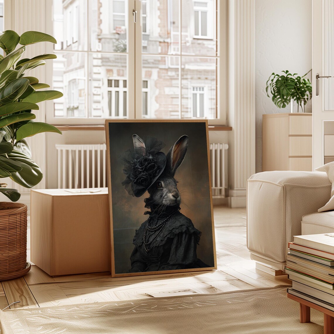 Victorian Rabbit Portrait in Black Dress and Rose Hat Animal Wall Art