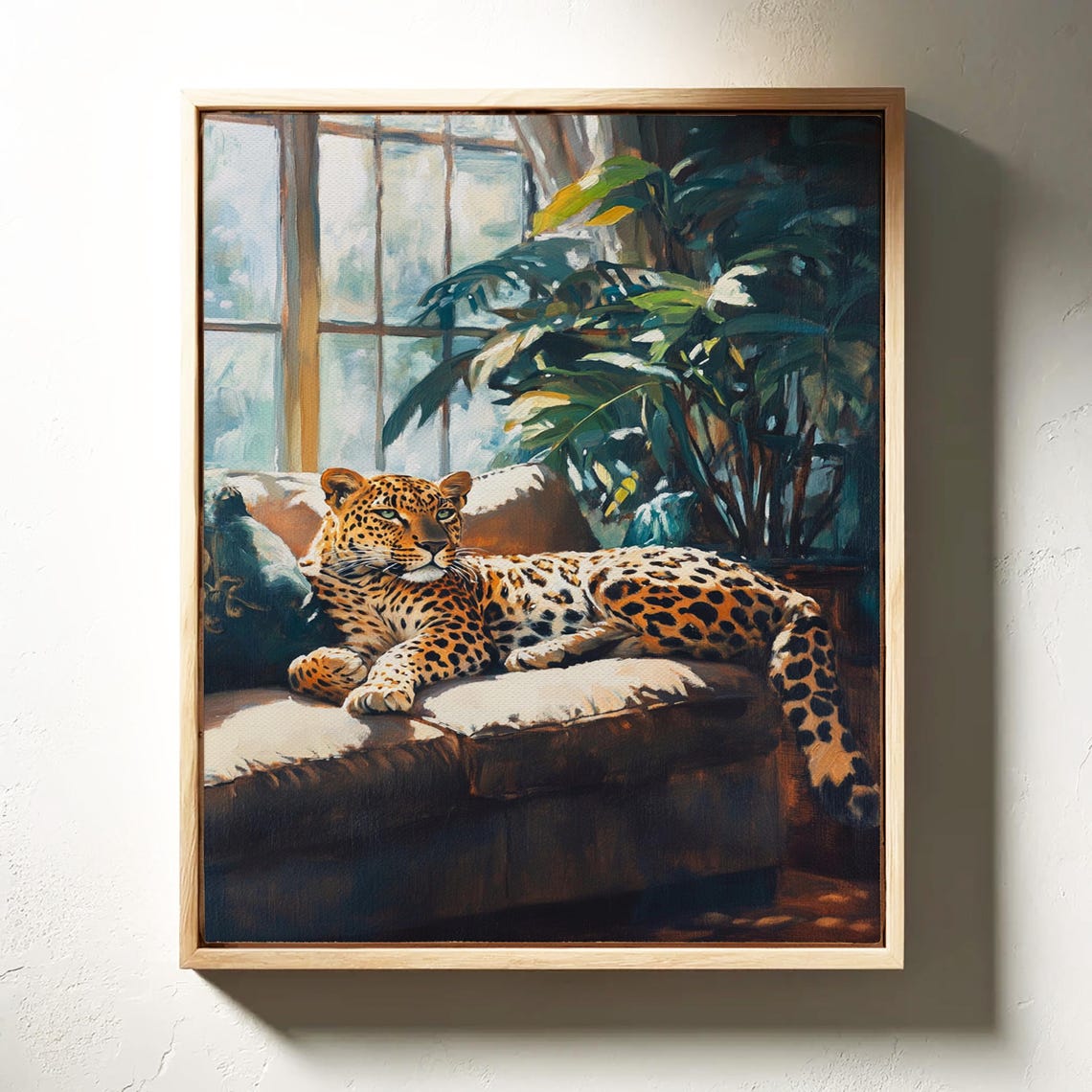 Relaxed Leopard Lounging on a Sunlit Sofa Beside Palm Plants Poster - Image 6