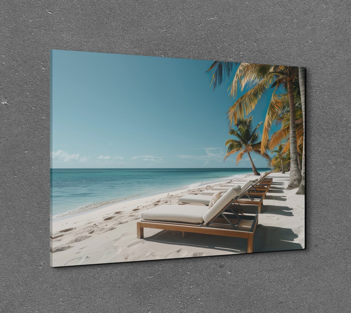 Tropical Beach Palm Trees Lounge Chairs Sunny Shore Wall Art - Image 7
