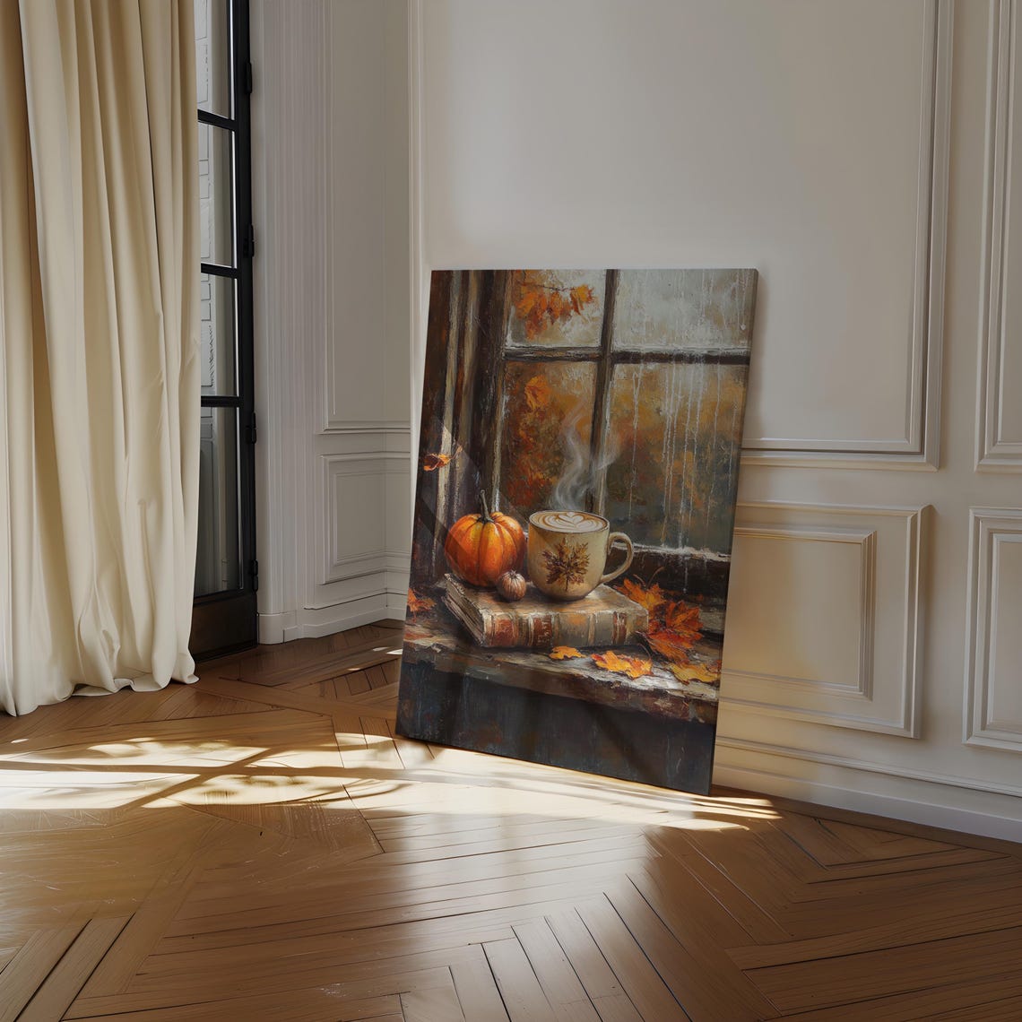 Cozy Autumn Window Pumpkin Spice Latte Fall Leaves Scene Poster - Image 3
