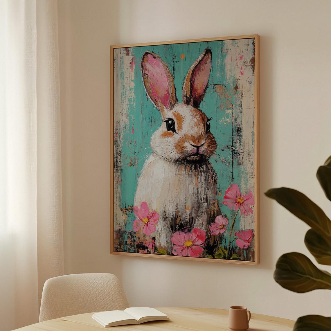 Whimsical Bunny Portrait With Pink Flowers on Teal Background Poster - Image 7