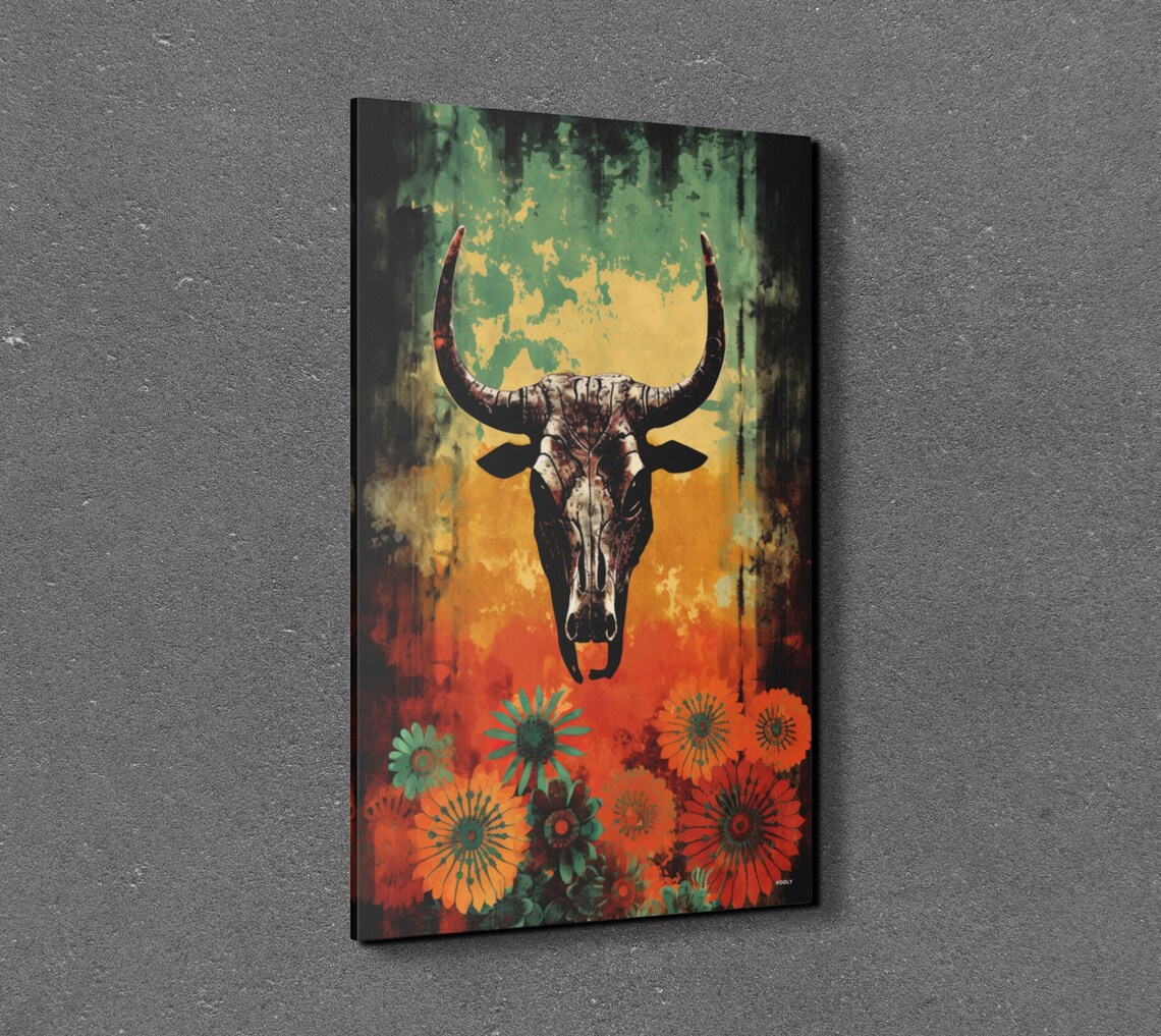 Longhorn Skull Floral Art Teal Orange Southwest Western Poster - Image 5