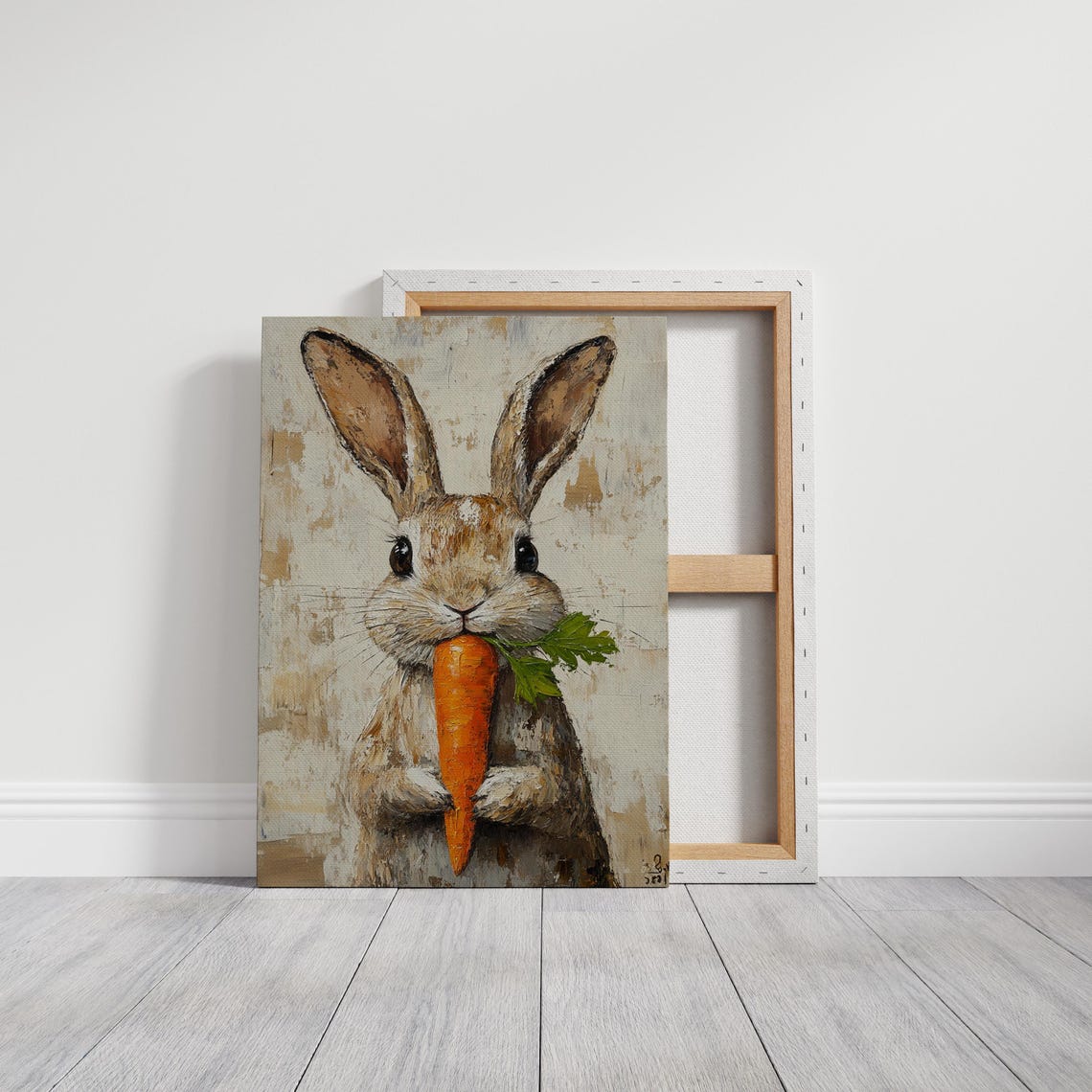 Adorable Bunny Munching a Carrot on Rustic Beige Canvas Poster - Image 6