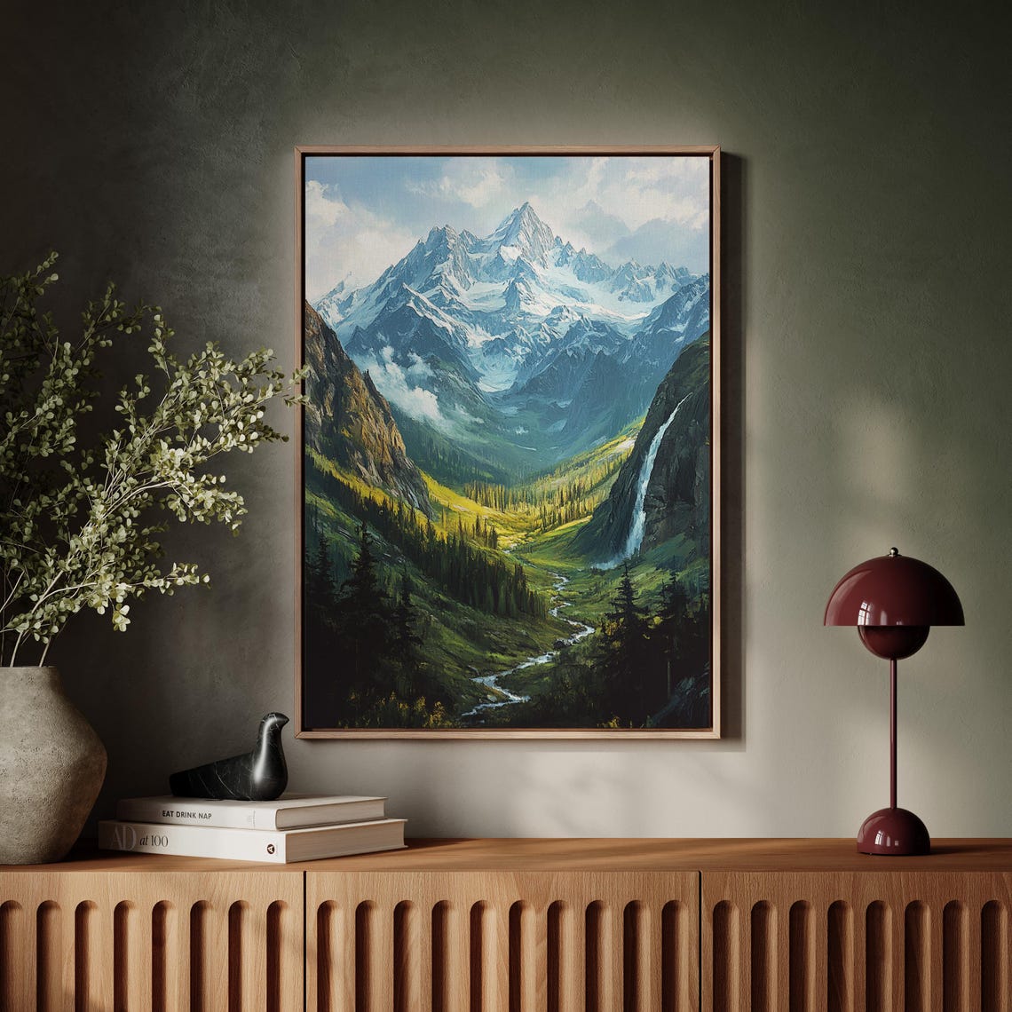 Mountain Landscape With Waterfall Snowy Peaks And Lush Valley Nature Scenic Print Majestic Wilderness Art - Image 5