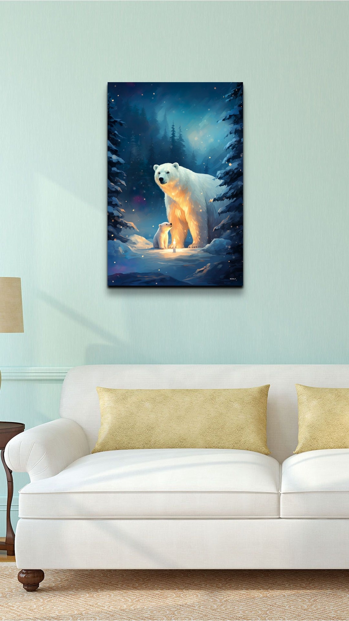 Polar Bear Mother Cub Snowy Night Forest Candlelight Art Poster - Image 6