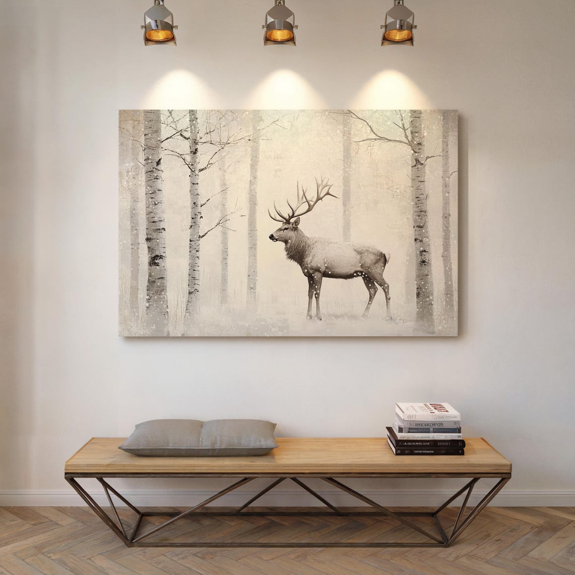Winter Stag With Large Antlers In Snowy Birch Forest Pale Poster - Image 7