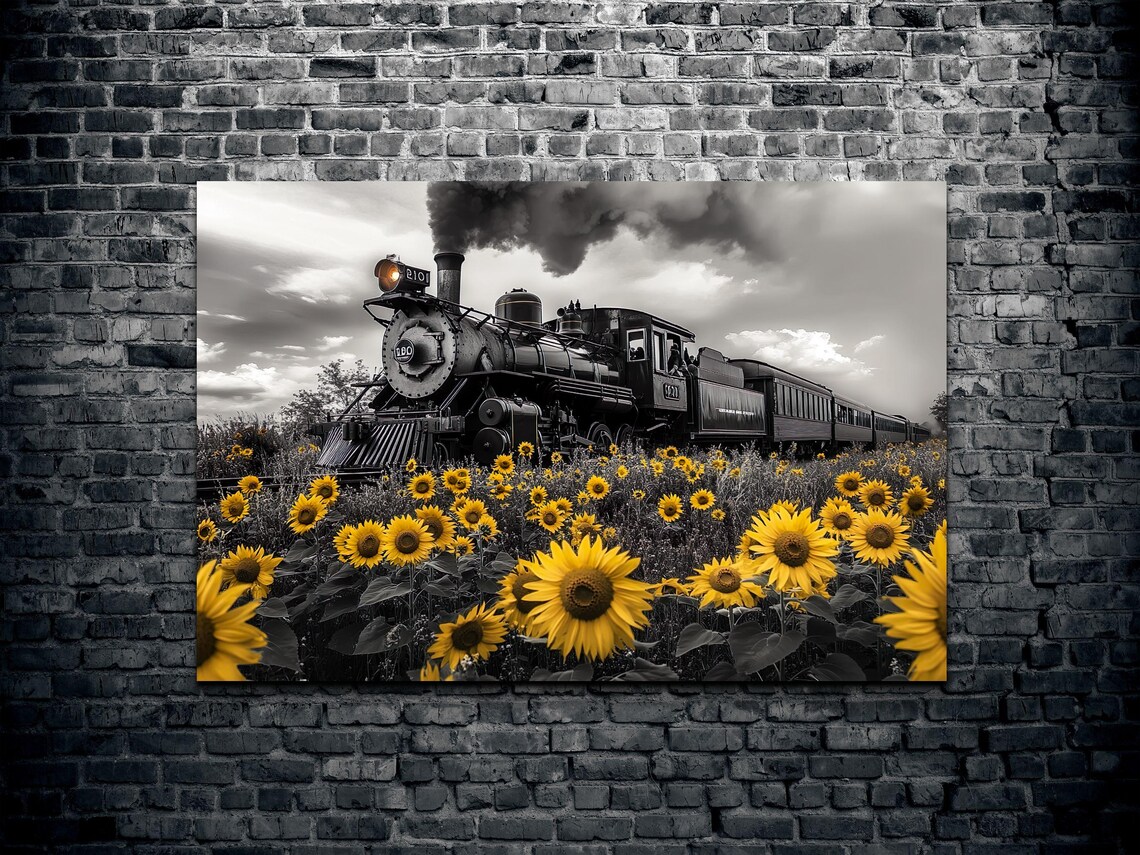 Steam Locomotive Passing Sunflower Field Vintage Photo Art Poster - Image 2