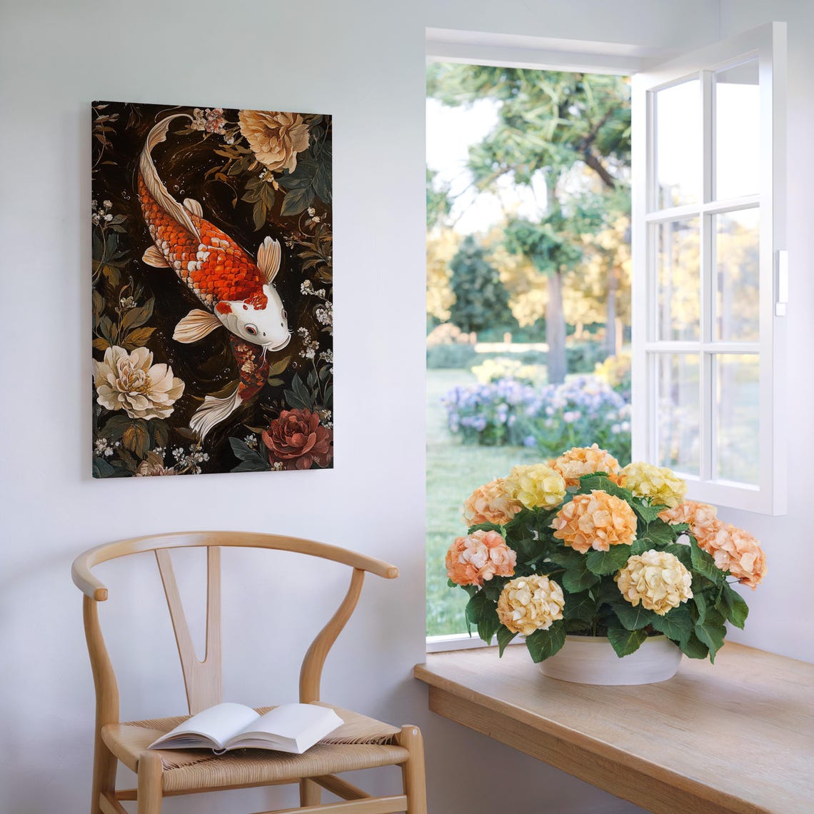 Elegant Koi Fish Red White Peonies Dark Floral Painting Poster - Image 7