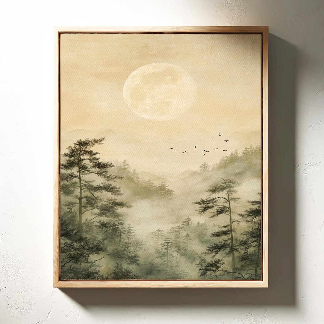 Misty Foggy Pine Forest Full Moon Flying Birds Serene Poster - Image 3