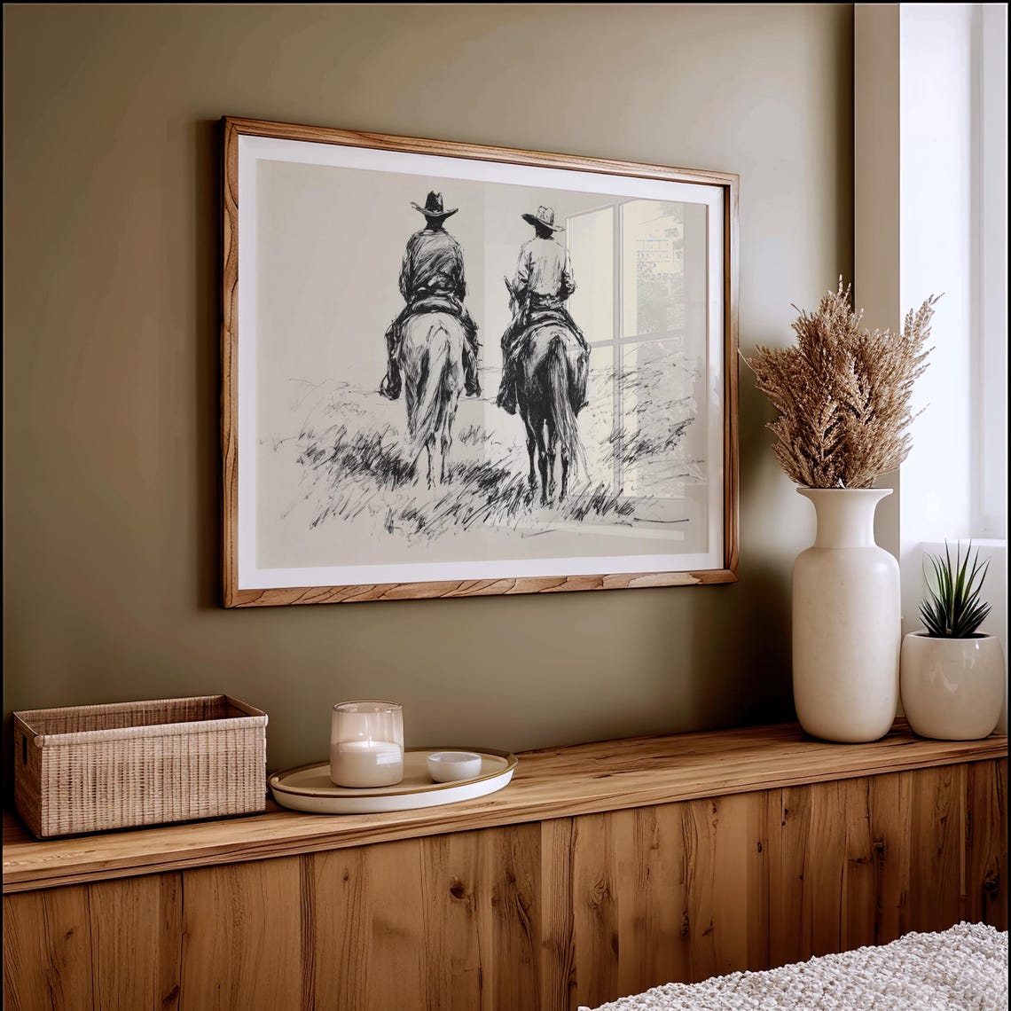 Two Cowboys Riding Side By Side Ink Sketch Western Art Poster