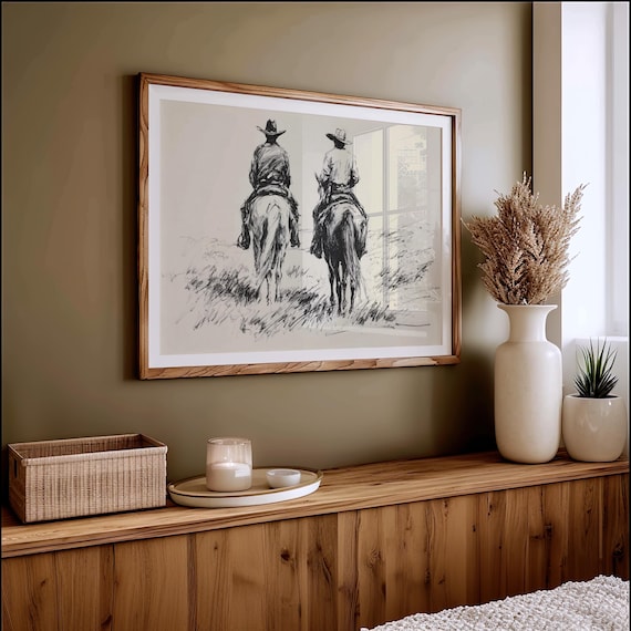 Two Cowboys Riding Side By Side Ink Sketch Western Art Poster