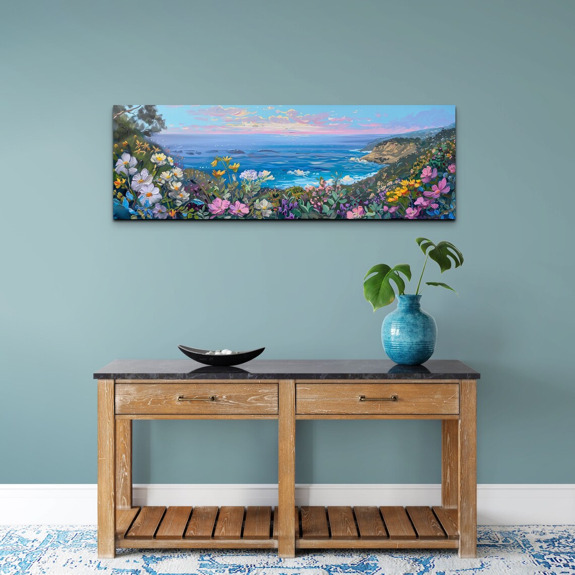 Ocean View From a Flowery Hillside With Crashing Waves Panoramic Poster - Image 6