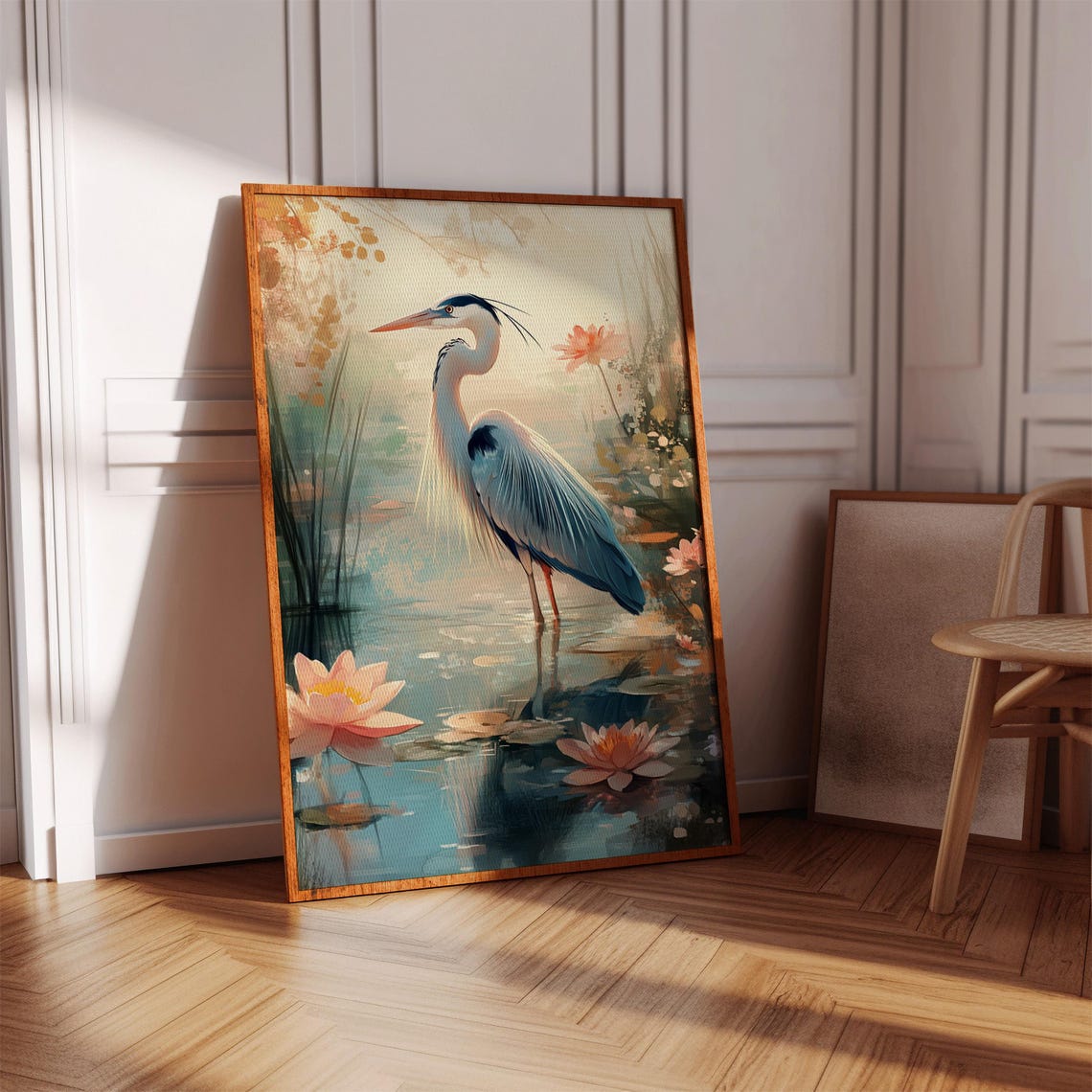 Blue Heron in Misty Pond With Lotus Blossoms Tranquil Art Poster