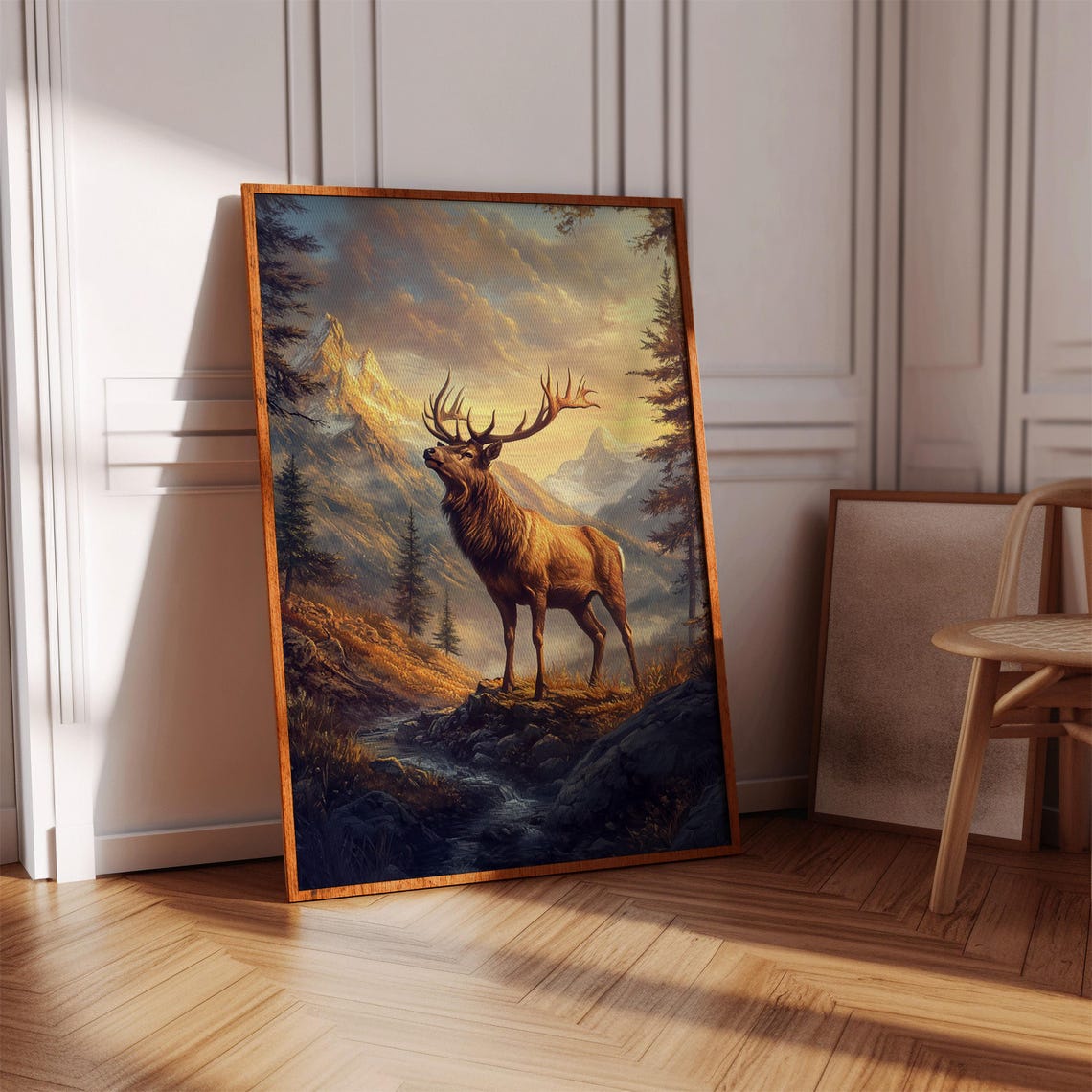 Bugling Elk on Mountain Ridge Golden Sunset Wildlife Art Poster