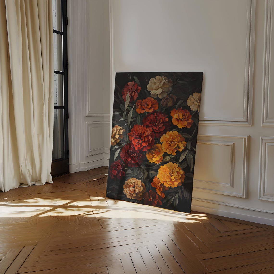 Marigold Blooms in Burnt Orange on Black Moody Floral Art Poster