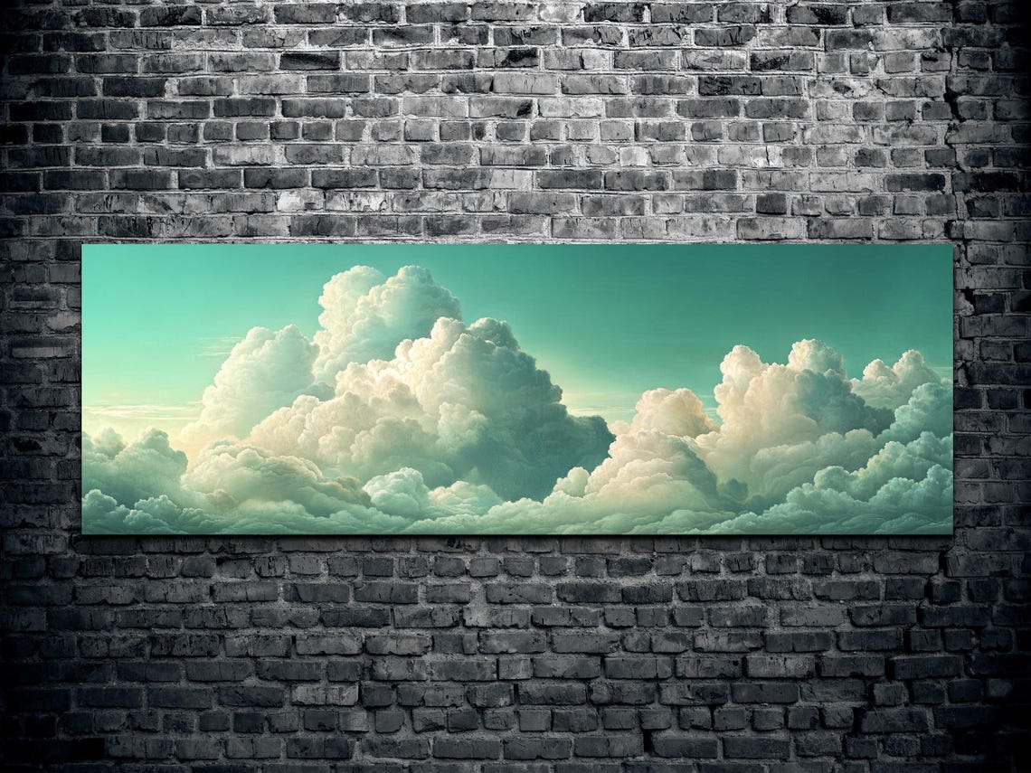 Billowing Cumulus Clouds on Teal Sky Panoramic Cloudscape Poster - Image 2